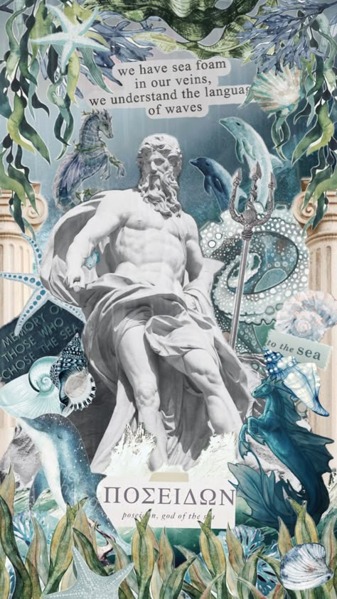 god of the sea 🌊 #fyp #wallpaper #poseidon #greekmythology #mythology #ocean #sea #blue #olympians Poseidon Greek Mythology, Junk Couture, Deity Worship, Horses Aesthetic, Greek And Roman Gods, Percy Jackson Wallpaper, Greece Mythology, Daughter Of Poseidon, Greek Pattern