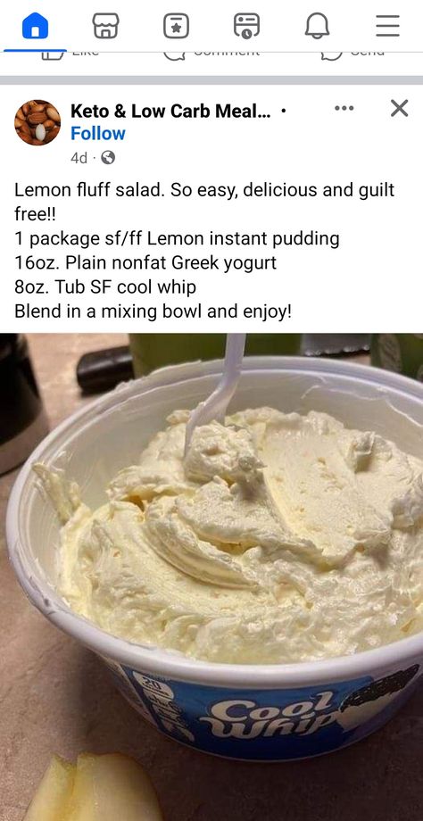 Lemon Fluff, Low Carb Meal Ideas, Fluff Salad, Weight Watchers Tips, Weight Watchers Recipes Desserts, Low Carb Meal, Nonfat Greek Yogurt, Low Carb Meal Plan, Ww Desserts