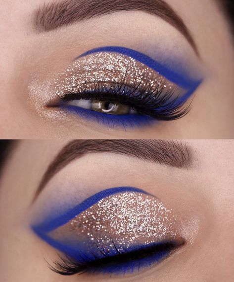 Dance Eye Makeup, Egyptian Eye Makeup, Gold Eyeshadow Looks, Ball Makeup, Gold Makeup Looks, Party Make-up, Blue Makeup Looks, Drag Make-up, Princess Makeup