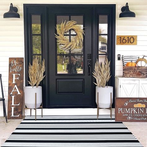 PRICES MAY VARY. 【PREMIUM QUALITY】- Our black and white striped outdoor rug is designed to be durable and strong with high-quality stitching and reinforced edges, this outdoor black, and white striped rug are great for layering door mats outdoor or for indoor use 【SOFT, DURABLE & EASY CARE】- Just vacuum or shake our black and white striped outdoor rug to keep it clean, Machine washable outdoor rug on a delicate cycle, air dry to protect and extend the life of your black and white striped outdoor Large Front Porch Rugs Outdoor, Black White Front Porch Decor, Black And White Living Room Farmhouse, Black Bench Front Porch, Black And White Front Porch Decor, Black And White Porch Ideas, Black And White Front Porch, Black And White Porch, Black And White Outdoor Rug