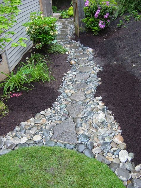 River Rock Walkway. This might work on the side of my house, where it drains to my backyard. Hillside Terrace, Privacy Fence Landscaping, Yard Path, Stone Paths, Landscape Drainage, Backyard Drainage, Walkway Landscaping, Side Yard Landscaping, Pathway Landscaping