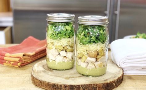 Chicken Caesar Salad in a Jar Salad In A Mason Jar, Joy Bauer Recipes, Creamy Caesar Dressing, Jar Meals, Jar Salads, Different Salads, Joy Bauer, Jar Recipes, Real Foods