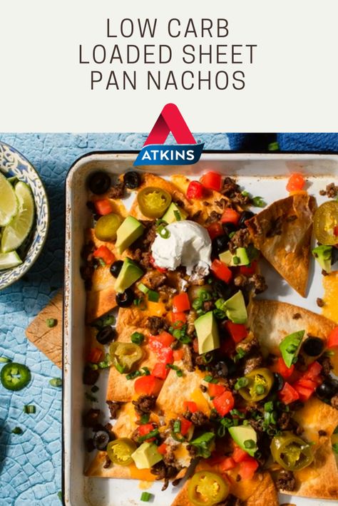 Low Carb Sheet Pan, Sheet Pan Nachos Recipe, Adkins Recipes, Atkins 40, Sheet Pan Nachos, Pan Nachos, Nacho Toppings, Atkins Diet Recipes, Atkins Recipes