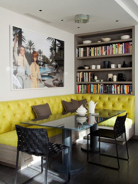 45 Inspiring ways of designing cozy living spaces with books Banquette Seating Dining Room, Corner Banquette Seating, Bench Seating Kitchen Table, Dining Room Bookshelves, In Home Library, Coin Banquette, Banquette Table, Modern Breakfast Nook, Corner Banquette