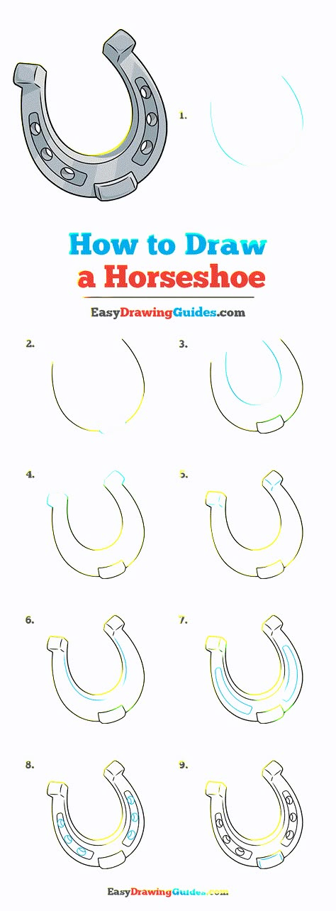 How to Draw a Horseshoe - Really Easy Drawing Tutorial How To Draw A Horseshoe Step By Step, Horseshoe Painting On Canvas, How To Draw A Horse Shoe, How To Draw A Horseshoe, Country Drawings Easy Step By Step, Horse Shoe Drawing Easy, Rodeo Drawings Easy, Easy Western Drawings For Beginners, How To Draw Cowboy Boots Step By Step