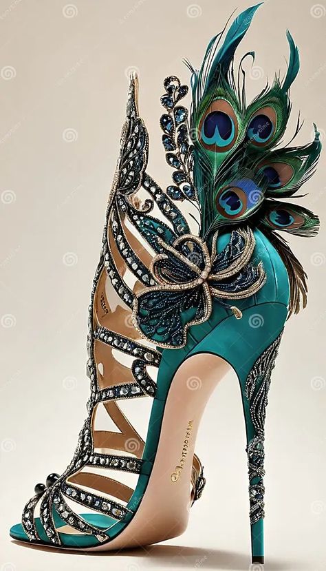 AI Generated Illustration of an Elegant High Heel Shoe Adorned with Vibrant Peacock Feathers Stock Image - Image of sparkling, heel: 303887233 Peacock Painted Shoes, Elegant Luxury Heels With Feathers, Spring High Heel With Feathers, Peacock Heels, Peacock Haute Couture, Peacock Shoes High Heels, Peacock Wedding Inspiration, Peacock Shoes, Fantasy Shoes