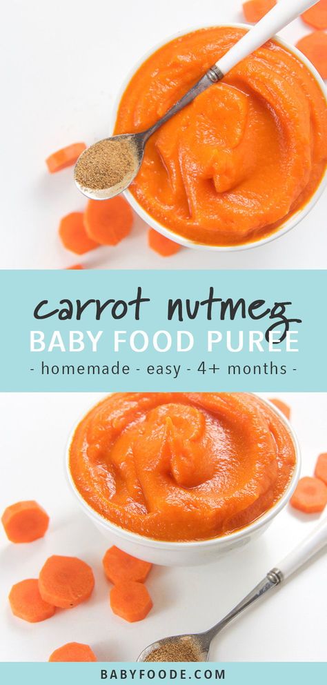 This Carrot and Nutmeg Baby Food Puree is a great stage one puree for baby! Filled with nutritious carrots and a pinch of nutmeg, this puree will delight your little ones taste buds! With just three ingredients, this healthy homemade puree is the perfect starter puree recipe for babies 4 months and older. #stageone #starterpuree #babyfoodrecipes #homemadebabyfood Sweet Potato Baby Recipes, Baby Sweet Potato Recipe, Sweet Potato Recipes For Baby, Sweet Potato For Baby, Sweet Potato Baby Food Recipe, Sweet Potato Puree Baby, Carrot Baby Puree, Sweet Potatoes For Baby, Sweet Potato Baby Food