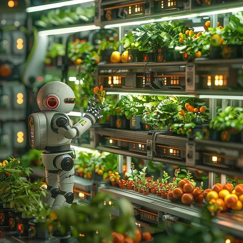 🌿🚀 The future of agriculture with AI! 🌿 In 2024, artificial intelligence (AI) is revolutionizing agriculture, especially in regions like the UAE where climatic constraints push farmers to adopt modern technologies. AI is transforming the way we grow and manage crops by: 1️⃣ Analyzing growth conditions (temperature, humidity, CO2 levels, lighting). 2️⃣ Managing irrigation, nutrient delivery, and lighting for optimal efficiency and yield. 3️⃣ Forecasting crop yields to improve harvest planni... Future Food Technology, Agricultural Revolution, Bio Technology, Smart Farm, Farming Technology, Sci Fi Landscape, Eco City, Crop Production, Space Drawings