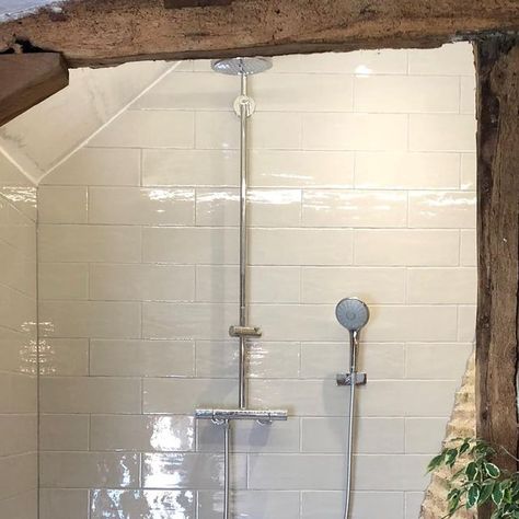 Grade 2 Listed Bathroom, Bathroom With Exposed Plumbing, Shower With Exposed Plumbing, Wooden Beam Bathroom, Exposed Shower Plumbing With Tub, Exposed Plumbing Shower Kit, Traditional Style Homes, Bathroom Inspo, Wooden Beams