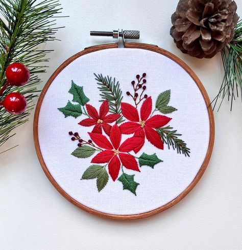 Poinsettia Embroidery, Holly Embroidery, Embroidery Christmas Gifts, Embroidery Hoop Christmas, Embroidery Hacks, Merry Christmas Embroidery, Holly Flower, Holiday Stem, Ocean Isle Beach Nc