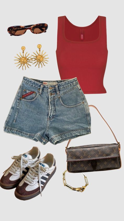 #outfitinspo #beauty #vibes #wallpaper #art #fitinspo #fit #fitcheck #oufit #outfitinspiration #outfitideas #city #school #casual #citygirl #style #styleinspo #vintage #vintageaesthetic 90s Summer Fashion Outfits, Mexico Game Outfit Women, Summer Red Outfits, Casual Park Day Outfit, Humid Summer Outfit, Mdw Outfit, Outfit Boards Aesthetic, May Outfits, 90s Summer Outfits