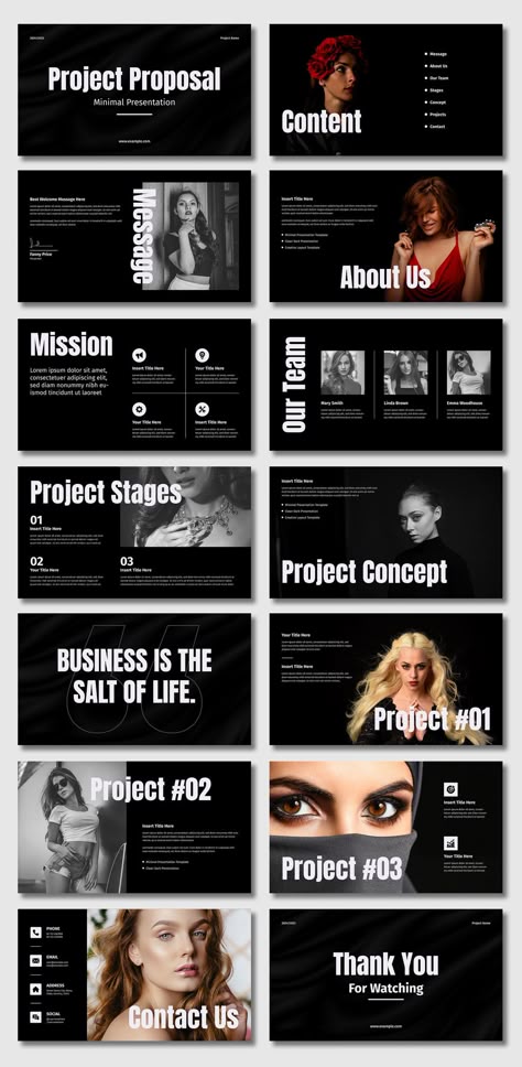 Modern and minimal presentation template with a dark color scheme. Perfect for project proposals, pitch decks, and presentations. 50+ slides Photography Pitch Deck, Proposal Deck Design, Fashion Pitch Deck, Team Slide Design, Dark Presentation Design, Pitch Presentation Design, Dark Presentation, Deck Presentation Design, Writing A Business Proposal