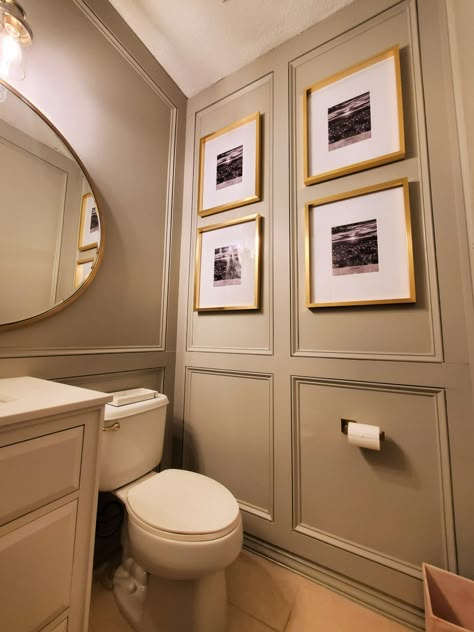 Powder Room With Closet, Wall Molding Bathroom Half Baths, Paneling In Powder Room, Half Bath Wall Trim, Powder Bath Molding, Box Molding Powder Room, Powder Bath Wainscoting, Wall Decor Powder Room, Powder Room Wall Molding