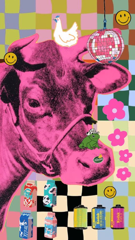 fun! #cow #colorful #pink #poster #collage Cow Collage Wallpaper, Cow Collage, Japanese Vibes, Collage Wallpapers, Poster Collage, Cow Illustration, Coffee Ideas, Cow Pictures, Collage Wallpaper