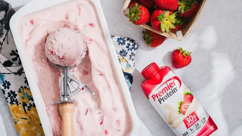 Protein Drink Recipes, Protein Ice Cream Recipe, Strawberry Ice Cream Recipe, Premier Protein Shakes, Strawberry Protein, Ice Cream Maker Recipes, Premier Protein, Protein Pudding, Protein Ice Cream