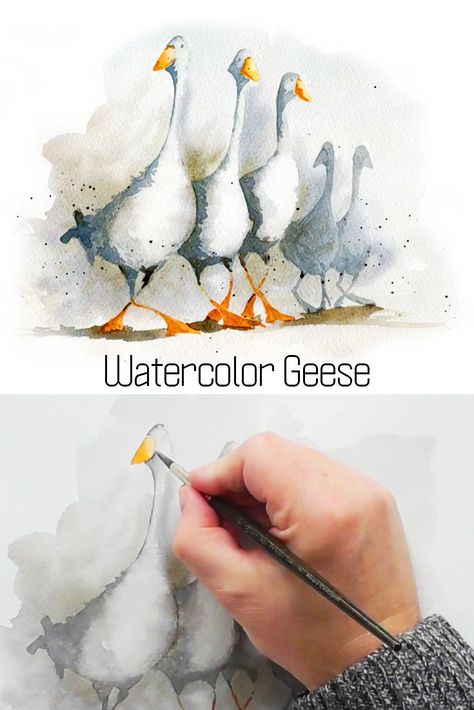 Five white geese being painted in watercolor Watercolor Intermediate, Watercolor Geese, Watercolor Paintings Ideas, Painting Tutorial Watercolor, Goose Watercolor, Geese Painting, Watercolor Birds Tutorial, Video Watercolor, Goose Drawing