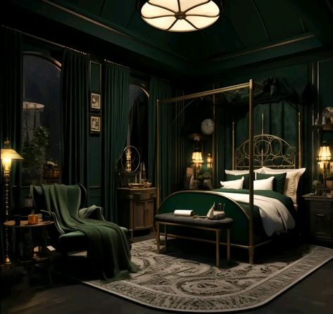 Slytherin Bedroom Aesthetic, Slytherin Dorm Room, 80s Penthouse, Slytherin Bedroom, Slytherin Room, Dark Feminine Bedroom, Dark Academia Interior, Mansion Bedroom, Royal Bedroom