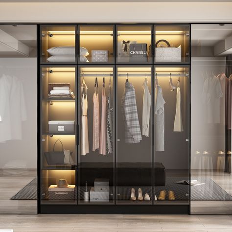 Modern Aluminum Framed Wardrobe: Spacious Design with LED Armoires - Bed Bath & Beyond - 38441453 Black Glass Closet, Modern Glass Wardrobe, Wood And Glass Wardrobe, Armoire Clothes, Glass Profile Wadrobe, Wood Wardrobe Design, Laqured Glass Wardrobe, Wardrobe Internal Design, Armoire Closet