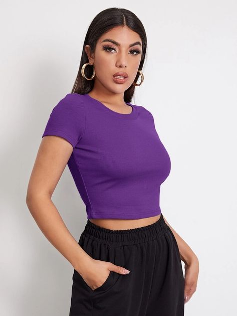 SHEIN Rib-knit Crop Top | SHEIN USA Blue Top Outfit, Royal Blue Crop Top, Top Azul, Print Embroidery, Crop Top Tees, Blue Crop Tops, Crop Top Outfits, Cropped Tops, Knit Short