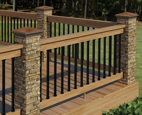 Reling Design, Wood Deck Railing, Metal Deck Railing, Deck Skirting, Front Porch Railings, Deck Railing Design, Iron Railings, Balcony Railing Design, Stone Pillars