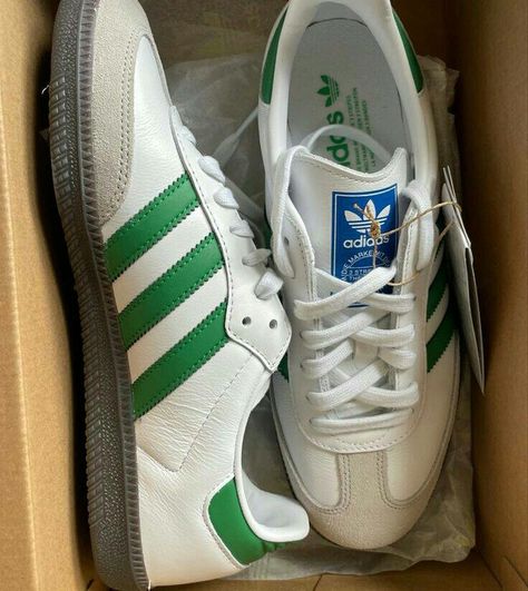 ______ Adidas Samba OG "White Green" Featuring a leather upper with suede overlays. Striking green accents on the signature three stripes and on the heel tab. A padded collar for comfort and support while the shoes sturdy outsole provides traction Preorder a pair at Ksh. 5,500/= Adidas Samba Og White, Adidas Samba Og, Green Accents, Adidas Samba, Green Stripes, School Outfits, White Green, Adidas Shoes, Dream Closet