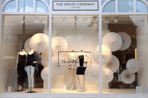 The White Company dress their windows with Paper Parasols Chinese Paper Umbrella, Hermes Window, Paper Parasol, Window Company, Parasol Umbrella, Store Design Boutique, Window Display Design, Banquet Decorations, Window Decorations