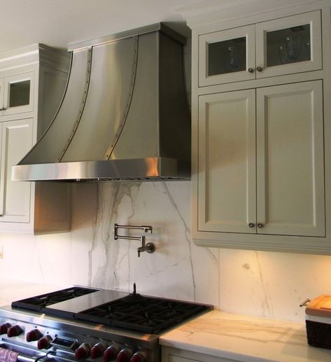 How to Install A DIY Backsplash In 14 Steps | How To Build It Covered Range Hood, Hoods Over Stoves, Covered Range, Range Hood Ideas, Stove Vent Hood, Stainless Steel Hood Vent, Metal Range Hood, Stove Vent, Kitchen Vent Hood