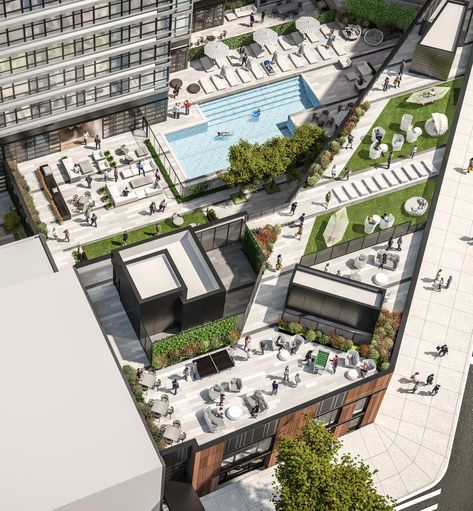 Rooftop Garden Plan, Savannah Apartment, Amenities Design, Rooftop Amenities, Long Island City Apartment, Community Space Design, Rooftop Pools, Terrace Designs, Apartment Amenities