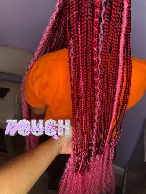 Red And Pink Knotless Braids, Cute Long Braids, Burgundy And Pink Braids, Red And Pink Braids, Blonde And Pink Box Braids, Braided Hairstyles Color, Long Braids For Black Women, Hairstyles Dyed, Birthday Braids