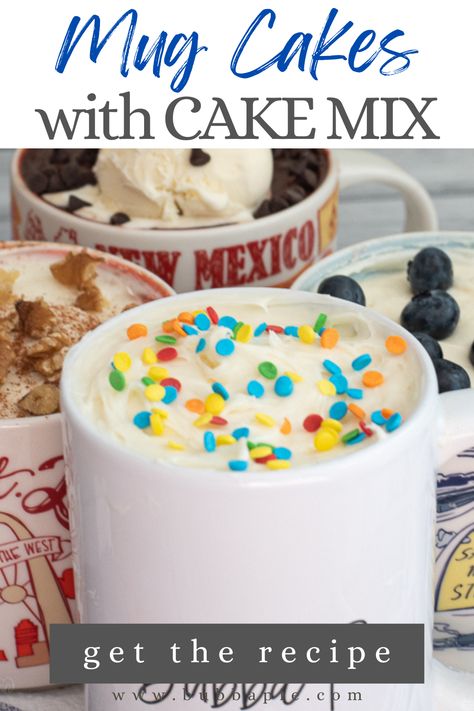 Mug Cake With Cake Mix - BubbaPie Mug Cake Cake Mix, Microwave Cake Mix, Funfetti Mug Cake, Coffe Mug Cake, Microwave Mug Recipes, Recipes Using Cake Mix, Easy Mug Cake, Betty Crocker Cake, Boxed Cake Mixes Recipes