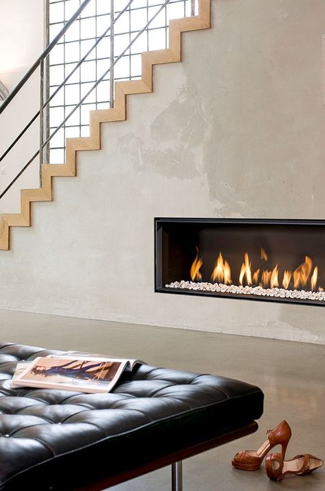 under the stairs gas fireplace - Google Search Fireplace Tv Wall Under Stairs, Fireplace Under Stairs, Contemporary Fireplace Designs, Natural Gas Fireplace, Fireplace Pictures, Ventless Fireplace, Stone Wall Design, Electric Fireplace Heater, Fireplace Tv Wall