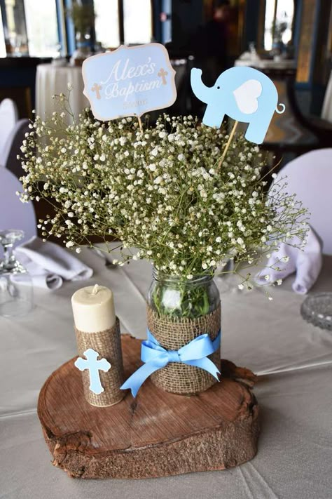 Baptism Ideas For Boys, Baptism Boy Centerpieces, Christening Centerpieces Boy, Krstenje Ideas, Baptized Decoration, Babtizum Ideas For Boys, Baptism Theme Boy, Rustic Baptism Decor, Bautismo Ideas Decoration