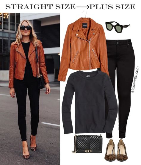 A plus size leather motorcycle jacket outfit for fall with black jeans and a black t-shirt, topped with a cognac or tan moto jacket. Brown Motorcycle Jacket Outfit Women, Brown Motorcycle Jacket, Tan Leather Jacket Outfit, Leather Motorcycle Jacket Outfit, Motorcycle Jacket Outfit, Brown Leather Jacket Outfit, Camel Leather Jacket, Lil Twist, Outfit Leather Jacket