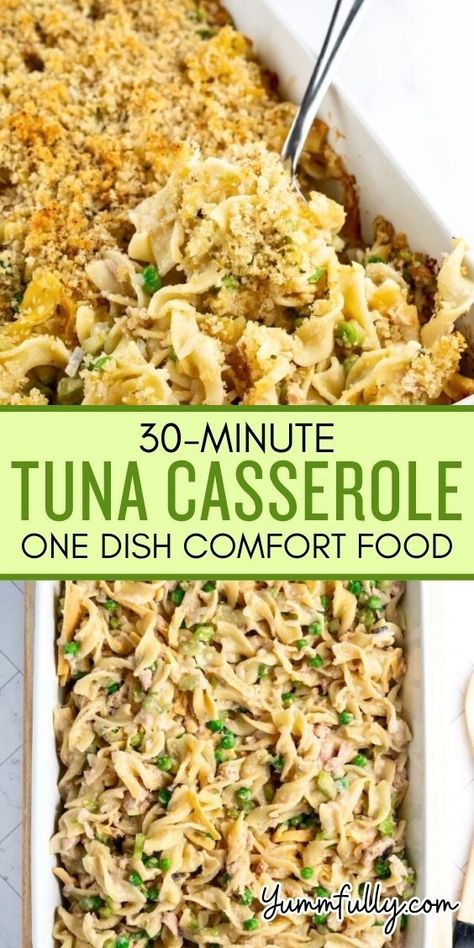 Make dinner easy with this quick prep 30-minute Tuna Casserole. It’s the perfect make-ahead meal crafted from simple, fresh ingredients and pantry staples, that’s always a hit at potluck gatherings or busy evenings at home. Its extra crunchy topping makes it unique and irresistible. Tuna Casserole Easy, Seafood Dish Recipes, Tuna Casserole Recipes, Healthy Tuna, Tuna Casserole, Tuna Recipes, Dinner Easy, Bread Recipes Sweet, Easy Casserole Recipes