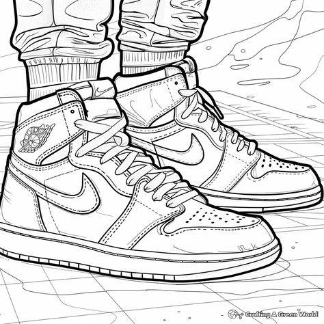 Nike Coloring Pages Free Printable, Nike Shoes Coloring Pages, Nike Shoes Drawing Sketches, Kaws Coloring Pages, Nike Coloring Pages, Jordan 1 Drawing, Jordan Sketch, Basketball Coloring Pages, Jordan Painting