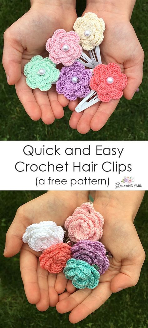 Quick and Easy Crochet Hair Clips - A Free Tutorial - Grace and Yarn Crochet Hair Clips Free Pattern, Knitting Amigurumi, Amigurumi Knitting, Tutorial Amigurumi, Crochet Hair Clips, Crochet Flowers Free Pattern, Handmade Yarn, Pola Amigurumi, Crochet Hair Accessories