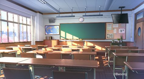 ArtStation - Classroom, Bwsong Anime Backgrounds Classroom, Plant Scenery, Sunlight Window, Classroom Clock, Animation Schools, Classroom Background, School Chair, Light Chair, Classroom Desk