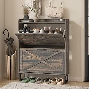 Maupvit Shoe Storage Cabinet with 2 Flip Drawers, Freestanding Organizer with Metal Legs for Entryway, Narrow Shoe Rack Cabinet, Dark Rustic Oak Hidden Shoe Storage, Entryway Shoe Cabinet, Different Home Styles, Entryway Narrow, Entryway Rack, Contemporary Color Schemes, Shoe Rack Cabinet, Organic Home Decor, Shoe Cabinet Entryway