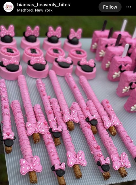 Minnie Mouse Cakesicles Ideas, Minnie Mouse Birthday Candy Table, Minnie Mouse Desserts Table, Minnie Dessert Table, Minnie Mouse Baby Shower Dessert Table, Minnie Mouse Pretzel Sticks, Oh Twodles Goodie Bags, Mini Mouse Cake Pops Ideas, Minnie Mouse Snack Table