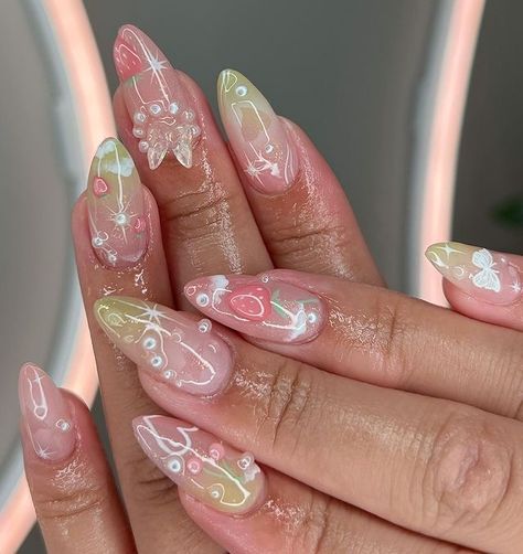 Fairy Nail Art, Kutek Disney, Unghie Sfumate, Nail Drawing, Pretty Gel Nails, Really Cute Nails, Soft Nails, Kawaii Nails, Funky Nails