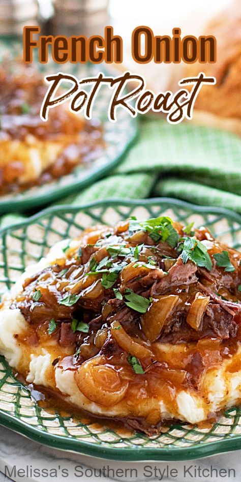 This rich and flavorful French Onion Pot Roast simmers in the oven in a robust french onion jus until it's tender and succulent. #potroastrecipes #easybeefrecipes #chuckroast #frenchonionsoup #frenchonionpotroast #sundaysupper #braisedbeef #beefrecipes #braisedpotroast #ovenbraisedroast Crockpot French Onion Pot Roast, Rump Roast Crock Pot Recipes French Onion, Slow Cooker French Onion Pot Roast, French Onion Pork Roast, French Onion Pot Roast Dutch Oven, French Onion Pot Roast Crockpot, French Onion Roast Crock Pot, Pot Roast With Onion Soup Mix Crockpot, French Onion Chuck Roast