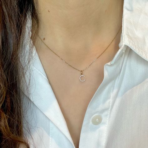 Diamond Initial Pendant Necklace For Gift, C Necklace, S Necklace, Minimalist Single Diamond Initial Pendant Necklace, C Necklace Initial, C Initial Necklace, Gold Pendant Initial Necklace With Diamond Accents, Letter C Necklace, Initial Pendant Necklace With Diamond - Gift