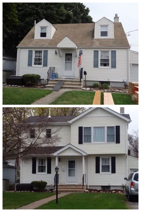 Second Floor Addition Before and After Photos and Tips Home Addition Ideas Before And After, Second Floor Addition Before And After, Bungalow Addition, Home Addition Ideas, 2nd Floor Addition, Cape Cod Renovation, Second Floor Addition, Ranch House Remodel, Bedroom Addition