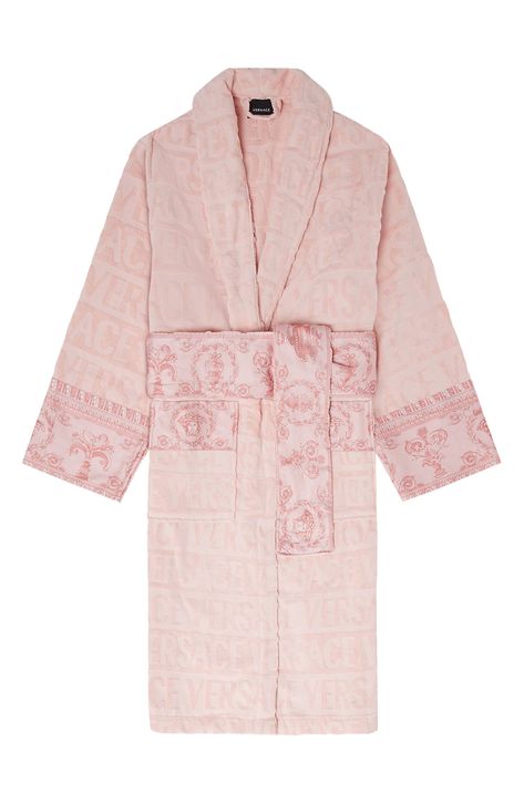 Lounge in luxury with this terry robe featuring tonal jacquard branding and signature Baroque-inspired flourishes around the sateen belt, pockets and cuffs. 45" length (size Medium) Open front with removable belt Shawl collar Front patch pockets 100% cotton Machine wash, tumble dry Made in Italy Linen Bathrobe, Terry Robe, Denim Corset Top, Versace Logo, Versace Home, Wrap Belt, African Design, Gianni Versace, Printed Sleeves