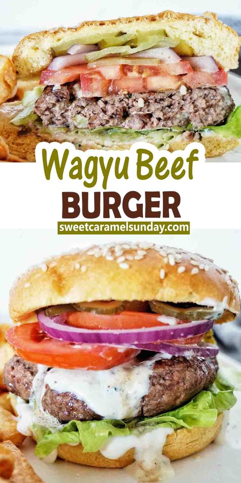 Wagyu beef burger on white plate with fries. There is text written between 2 images. Wagyu Beef Sliders, Wagyu Smash Burger, Wagyu Ground Beef Burger Recipe, Japanese Hamburger Curry, Cooking Wagyu Steak, Wagyu Beef Burger, Japanese Wagyu, Wagyu Burger, Burger Bun