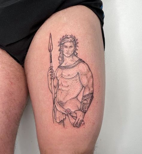 Billy Bluw on Instagram: "Achilles & Patroclus 4 eva 🏛️🌿 For @thursttrapgurt 🏺 Done at @speakeasytattooshop #achilles #songofachilles #patroclus #achillestattoo #tattoo #queertattoo #queertattooartist" Male Pinup Tattoo Design, Achilles Tattoo Design, Male Pinup Tattoo, Canvas Tattoo, Achilles And Patroclus Tattoo, Song Of Achilles Tattoo, Achilles Tattoo, Gay Tattoo, Geometric Line Tattoo