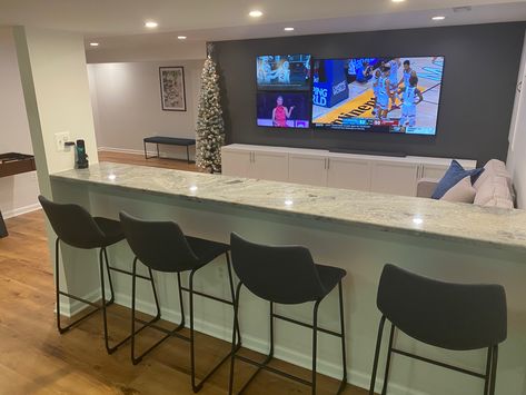 Basement Couch Bar, Bar Behind Sectional Couch, Breakfast Bar Behind Couch, Counter Behind Couch, Bar Behind Couch Basements, Basement Bar Behind Couch, Diy Bar Behind Couch, Bar Behind Couch Living Room, Basement Bar Table Behind Couch