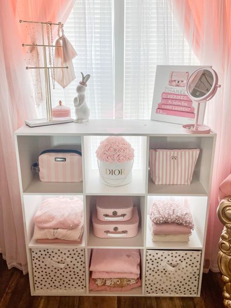 Cube Storage Bedroom, 9 Cube Organizer, Cube Storage Decor, Pink Shelves, Girly Room Decor, Girly Apartment Decor, Pink Room Decor, Organizer Shelf, Beauty Room Decor