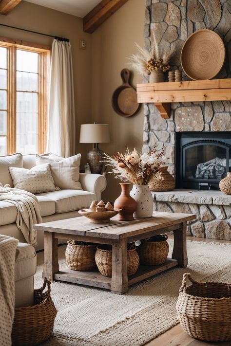 A welcoming farmhouse-style living room featuring warm beige walls that seamlessly blend with pine wood trim for a cozy and inviting atmosphere. The space includes a cream-colored linen sofa, a rustic wooden coffee table, and woven baskets for a touch of texture. Soft, neutral-toned throw blankets and earthy decor elements like clay vases and dried flowers enhance the warm ambiance Pine Wood Trim, Cherry Wood Floors, Rustic Wooden Coffee Table, Pairing Ideas, Clay Vases, Earthy Decor, Farmhouse Style Living Room, Interior Design Color, Matching Furniture