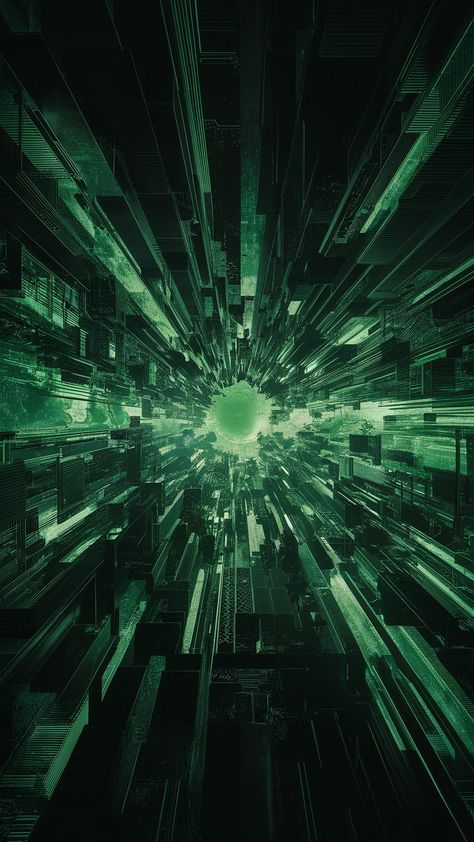 Dive into a mesmerizing digital landscape with our Matrix wallpaper. This vibrant fusion of flowing green and black patterns, inspired by Art Deco and abstract expressionism, features intricate geometric shapes and luminous circuits. Experience depth and infinity in a virtual universe, enhanced by glitch art elements. Perfect for tech enthusiasts and digital art lovers! #MatrixWallpaper #DigitalArt #CyberWorld #AbstractExpressionism The Matrix Wallpaper, Circuit Wallpaper, Green Cyberpunk, Matrix Wallpaper, Cyberpunk Wallpaper, Glitch Techs, Sci Fi Wallpaper, Ios Ideas, Art Elements